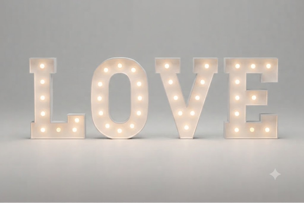 Wood marquee word LOVE, handmade with warm LED lighting for rent in Houston, TX and surrounding areas.