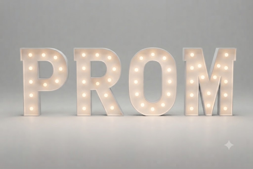 Wood marquee word PROM, handmade with warm LED lighting for rent in Houston, TX and surrounding areas.