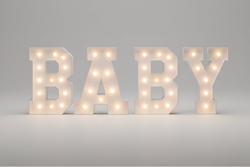 Wood marquee word BABY, handmade with warm LED lighting for rent in Houston, TX and surrounding areas.