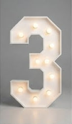 Wood marquee NUMBER 3, handmade with warm LED lighting for rent in Houston, TX and surrounding areas.