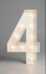 Wood marquee NUMBER 4, handmade with warm LED lighting for rent in Houston, TX and surrounding areas.