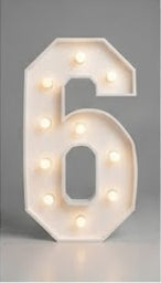 Wood marquee NUMBER 6, handmade with warm LED lighting for rent in Houston, TX and surrounding areas.