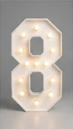 Wood marquee NUMBER 8, handmade with warm LED lighting for rent in Houston, TX and surrounding areas.