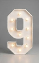 Wood marquee NUMBER 9, handmade with warm LED lighting for rent in Houston, TX and surrounding areas.