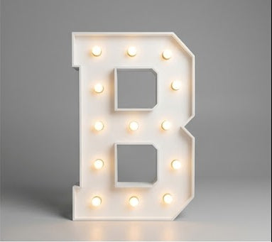 Wood marquee letter B, handmade with warm LED lighting for rent in Houston, TX and surrounding areas.
