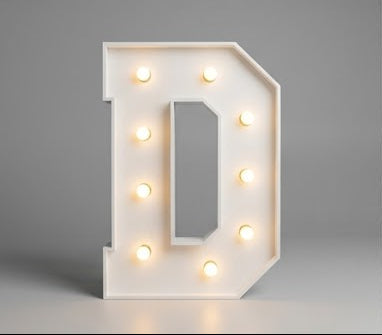 Wood marquee letter D, handmade with warm LED lighting for rent in Houston, TX and surrounding areas.