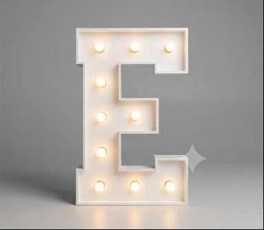 Wood marquee letter E, handmade with warm LED lighting for rent in Houston, TX and surrounding areas.