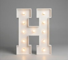 Wood marquee letter H, handmade with warm LED lighting for rent in Houston, TX and surrounding areas.