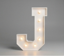 Wood marquee letter J, handmade with warm LED lighting for rent in Houston, TX and surrounding areas.