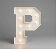 Wood marquee letter P, handmade with warm LED lighting for rent in Houston, TX and surrounding areas.
