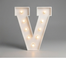 Wood marquee letter V, handmade with warm LED lighting for rent in Houston, TX and surrounding areas.